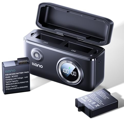 llano 2er-Pack 1950mAh Osmo Action 6 Akku und 18W Schnelles Dual-Ladegerät, Kompatibel mit DJI Osmo 360, Action 6, Action 5 Pro, Action 4 und Action 3 Kamera, mit LED-Display & TF-Karten-Aufbewahrung