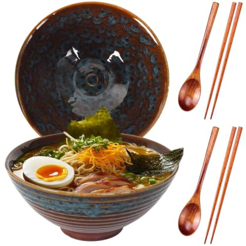 DecorDwell 1200ml Ramen Bowl de Cerámica, 2 Juegos Tazón de Ramen Japonés con Palillos y Cuchara, Ensaladeras, Tazones de Sopa para Ensalada Fideos Cereales Sopa Frutas Verduras (Azul)