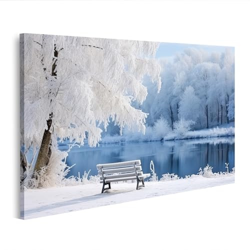islandburner Leinwandbild Winterliche Flussufer Landschaft mit Schnee und gefrorenen Bäumen - Leinwand 80x40cm