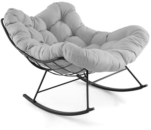 COSTWAY Sedia a Dondolo, Poltrona Relax Ergonomica, Poltrona Sovradimensionato con Cuscino Imbottito, con Struttura Metallica, per Soggiorno Portico Giardino, Portata 205 kg (Grigio Chiaro)