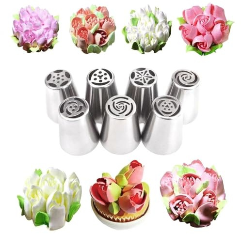 Juego de 7 boquillas de manga pastelera de flores grandes de acero inoxidable para manga pastelera para manga pastelera DIY tartas, juego de boquillas de mantequilla