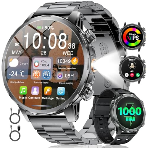 Montre Connectée Homme 1.85 HD Grand Écran, 1000 mAh Batterie, LED Lampe Torche Montre Militaire Homme, Smartwatch avec 100+ Modes Sportifs, IP68 Étanche, 2 Bracelets & Câble USB et Type-C, Noir