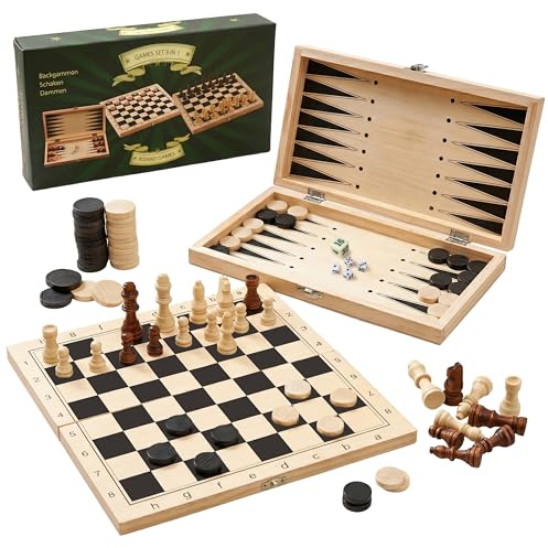 The Magic Toy Shop 3-in-1 Chess, Checkers & Backgammon Board Game Set - Compendium with Wooden Folding Board, Pieces & Dice - Portable Travel Games & Traditional Draughts for Kids, Family & Adults