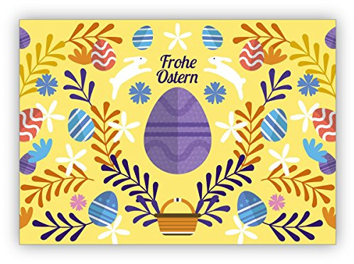 Klappkarten Set (4Stk) Wunderschöne Folklore Osterkarte mit Osterhasen und Ostereiern zum Osterfest: Frohe Ostern • nette, Oster Grüße im Set mit Umschlägen als liebe Geschenkkarte, Gutschein