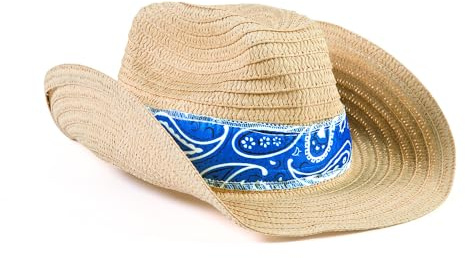 Fun Express Straw Cowboy Hats Bulk Set of 12 - Premium Western Hats for Men & Women with Blue Bandana | Perfect for Rodeo Party Decorations, Cowboy Themed Events & Western Party Favors for Adults