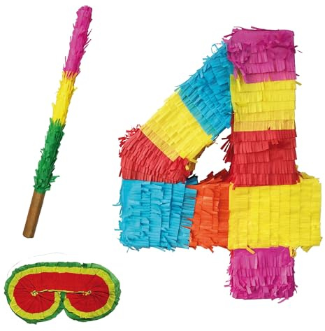 Party Factory – Pinata Set Stab & Augenmaske Geburtstagsdeko Kinder zum Befüllen & aufhängen – Schlag-Piñata als Party Deko in 50x35x8 cm für Kindergeburtstag & Mottopartys – Partyspiel Pinjata Zahl 4