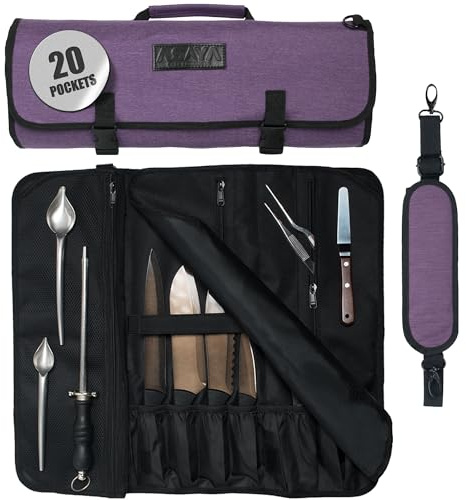 Asaya Bolsa enrollable para cuchillos de chef, 20 bolsillos en total para cuchillos y utensilios de cocina, fabricada con nailon encerado resistente a las manchas, para chefs y estudiantes culinarios,