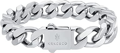 KRKC&CO 12mm Weißgold Cuban Armband, Kubanische Gliederarmband, Silber Hip Hop Armband für Herren und Jungen 22cm