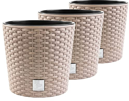 PAFEN 3X Blumentopf RATTO Rattan-Optik Kunststoff Topf Blumenkübel inkl. Einsatz Übertopf Mocca ⌀30cm