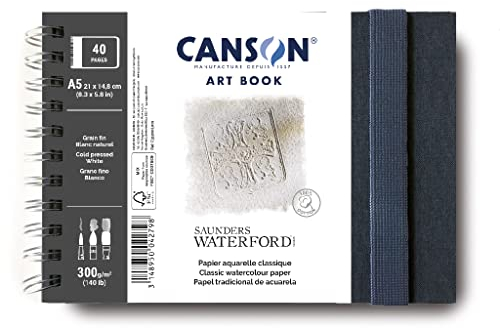 CANSON Professionelles Kunstbuch, feinkörniges Aquarellpapier, Saunders Waterford-Papier, 300 g/m², A5, Spiralbindung, Querformat, 20 weiße Blätter, ideal für professionelle Künstler und Studenten
