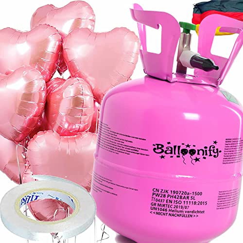 Helium Ballongas + Herz Folienballons + Ballonband | 20er Heliumflasche + Knickventil + 8 Ballonherzen + 10m Band | Luftballon Herzen Geburtstag Party Hochzeit, Edition: Set mit Rosa Herzballons