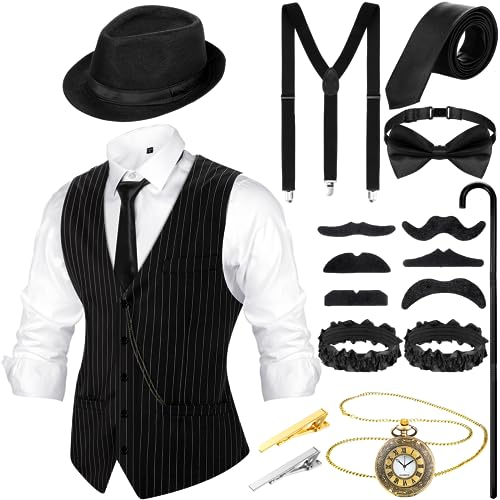 Blulu 1920er Jahre Herren Accessoires 20er Jahre Kostüm Set inklusive Vintage Weste Hut Verstellbarer Hosenträger Taschenuhr Fliege 20er Jahre Männer Outfit Kleidung (Schwarz Weiß, M)