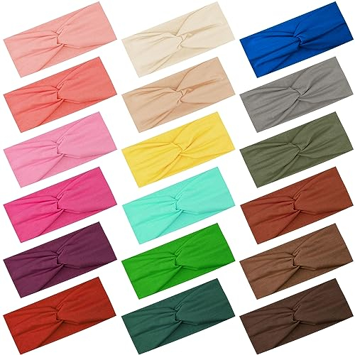 FEQO 18 Stück Haarband Elastische Damen Stirnbänder Breite Verknotet Stirnband Kopfband Turban Elastische Haarschmuck Knoten Stirnbänder für Yoga Sport Fitness, 18 Farben