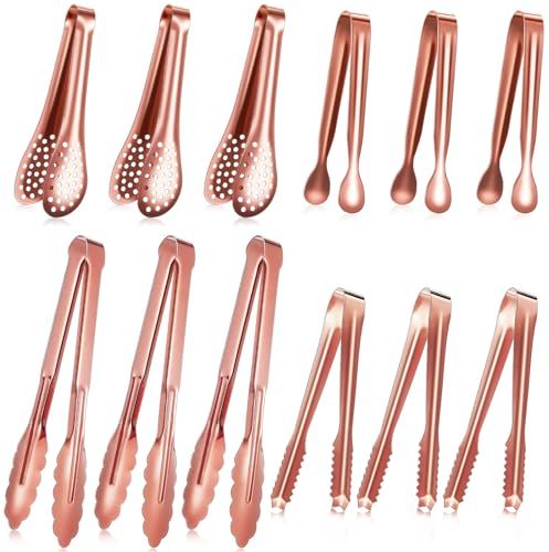 Sawysine 12 Pieces Tongs for Serving Utensils Mini Serving Tong Stainless Steel Appetizer Kitchen Toy Sugar Ice Food Cooking Utensils for Salad Buffet Party, 5 Inch, 9 Inch(Rose Gold)