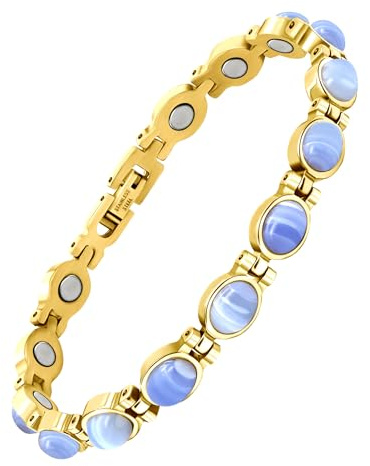 JEROOT Pulsera Magnética de Mujer, Azul Turquesa Natural, Acero Inoxidable 316L, Ajustable
