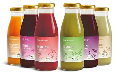 Saftzeit 1-Tages-Fastenkur Bio | 6 Flaschen mit abgestimmten Frucht- und Gemüsesäften verfeinert mit Kräutern, Gewürz- oder Blütenextrakten | fruchtig-süß im Geschmack | vom Achterhof
