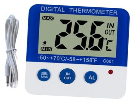 C601 Digitales Innen und Außenthermometer mit Alarmfunktion Blau Abs | Digitales Thermometer für Innen und Außen, Temperaturanzeige, für Küche und Kühlschrank