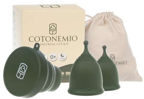 Cotonemio Coppetta Mestruale XS & S in 100% Silicone Medico con Sterilizzatore e Sacchetto in Cotone | Kit Coppetta Riutilizzabile, Senza BPA, Fino a 12 Ore di Protezione