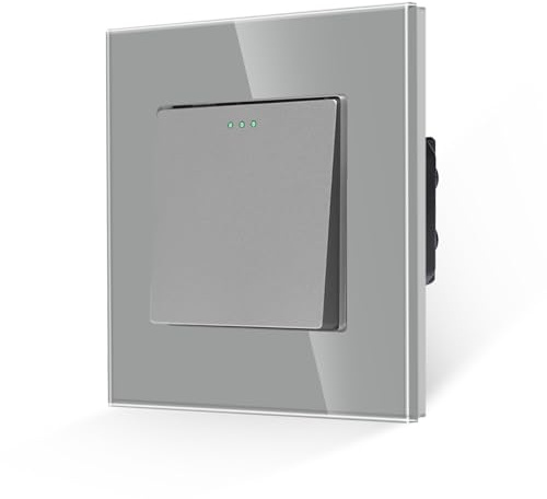 JIMEIDA Single Light Switch 1 Gang 1 Way Rocker Button Switch Modern Crystal Glass Grey Wall Panel with Phosphor Dots,10A,250V