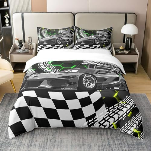 Jungen Rennwagen 100% Bio Baumwolle Bettbezug 200x200,Gelb Grün Neon Lichter Honeycomb Bettwäsche Set Glitter Hexagon Komfortbezug,Schwarz Weiß Gitter Gitter Gitter Bett Sets mit 2 Kissenbezüge