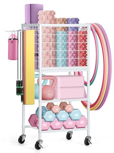 CADUKE Yoga Matte Hantelablage, multifunktionaler Kurzhantelständer mit 16 Haken, Hantelständer mit Rädern, für Hanteln, Yogamatten und Faszienrollen