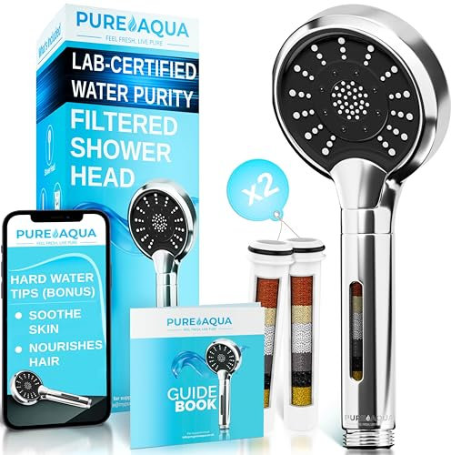 PUREAQUA 10 Power Stage Hard Water Filter Shower Head (Soothes Skin & Hair) | X2 Filters (1 Year+) | 3 Spray Settings | Water Softener Shower Head | High Pressure Shower Heads | Shower Filter UK Brand
