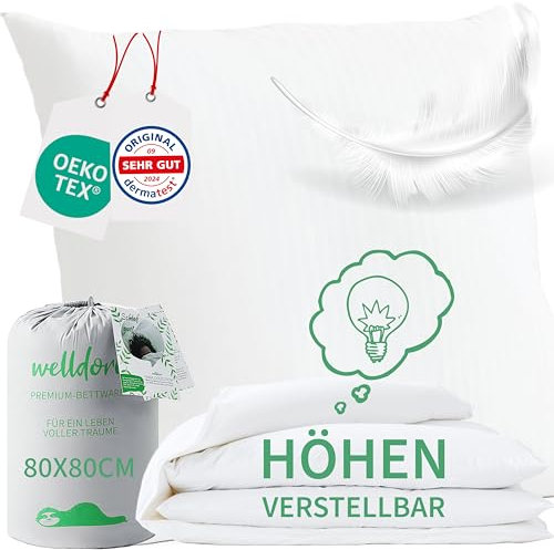 Welldora Premium Kopfkissen 80x80 höhenverstellbar | 100% Daunenfasern & Federn | Ergonomische Innovation: anpassbar fest bis weich | Kissen fachärztlich geprüft, Oeko-Tex Zertifiziert in Deutschland