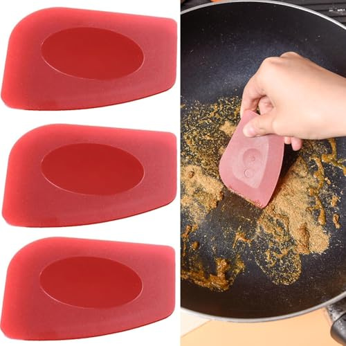 3 Pack Plastic Kitchen Scraper Set - Sturdy Cast Iron Skillet Cleaner Tool for Pot Cleaning (Red)