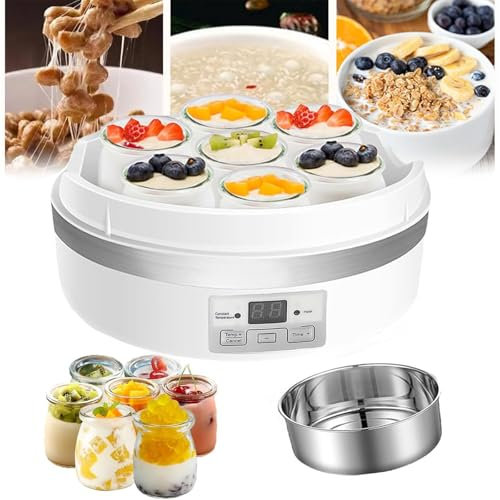 PRMTYUP Yogurtera Automática, Revestimiento De Acero Inoxidable, con 7 Vasos De Vidrio para Servir Y Función De Temporizador, para Postres Caseros Saludables,Blanca