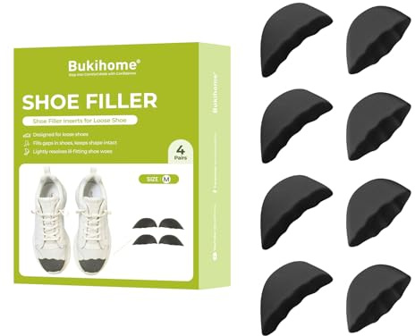 Bukihome Inserto per scarpe – 4 paia di solette per rendere le scarpe più piccole, cuscinetti per tallone, riduttore di dimensioni per adattare le scarpe, cuscini da donna, nero, M