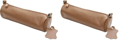 ALASSIO 43016 Schlamperrolle aus echtem Leder, Stiftetui Natur, Schlamper ca. 21 x 6 cm, Schlampermäppchen rund, Etui für Schreibgeräte, Faulenzer mit Reißverschluss (Packung mit 2)