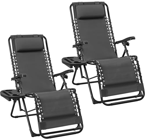 Abician Transat en Textilène avec Plateau Amovible, Lot de 2 Chaise Longue Pliante de Zéro Gravité Inclinable, Fauteuil Relax pour Bain de Soleil Piscine Jardin Terrasse, Charge 114kg Gris foncé