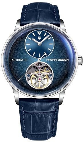 Pagani Design Herrenuhr Automatik Mechanisch Skelettdesign mit Kleiner Lünette 42mm Edelstahlgehäuse & PU-Lederband 10ATM wasserdicht (100m) (Blau)