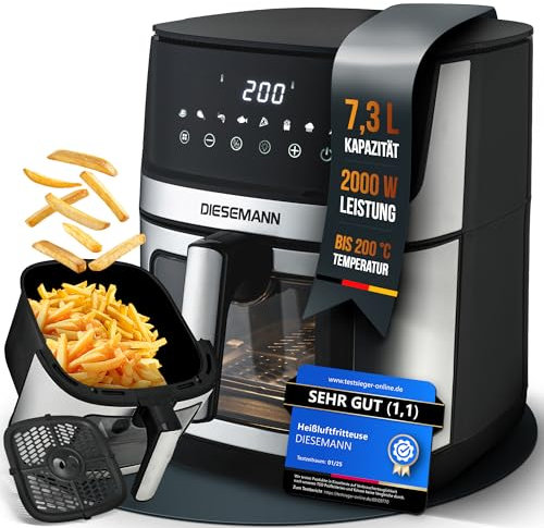 DIESEMANN Heißluftfritteuse XXL 7,3L – 2000W Airfryer mit 2 Heizelementen (Ober- & Unterhitze, ohne Wenden), Sichtfenster & 8 Programmen – fettarm frittieren, backen & grillen