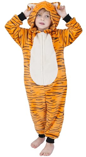 Wizland Kids Flannel Animal Onesie Costumes, Boys and Girls, 3-14 yrs | Flannel Material，Ultra Soft，One-Piece Hooded,Tiger Cheetah Black Cat Daily Fancy Dress,Perfect for Halloween Carnival