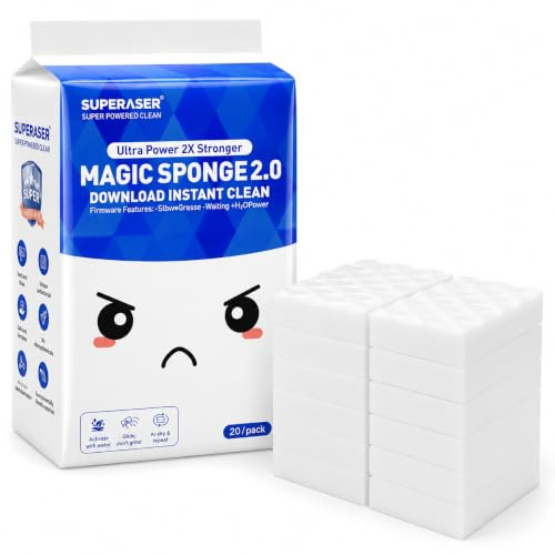 SUPERASER Magic Sponge Eraser, Textured Extra Dense Sponges, 20 Pack | Textured extra-dense sponges remove stubborn grime from kitchens, bathrooms, showers and furniture with water.