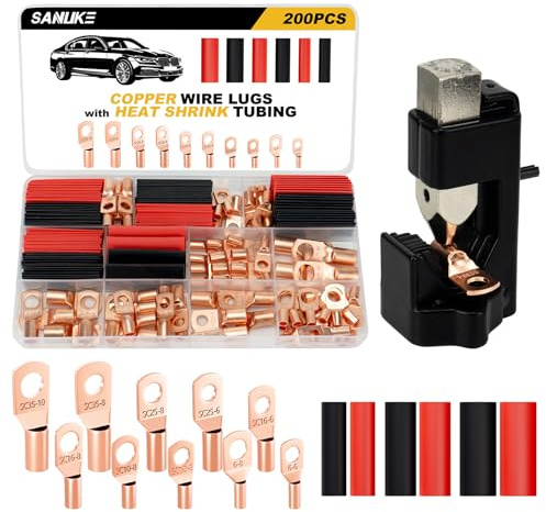 Sanuke 200pcs Copper Wire Lugs AWG 2 4 6 8 10 12 with Hammer Lug Crimper Tool & Heat Shrink, 80pcs Battery Cable Ends Ring Terminals Connectors Crimping Tool Kit
