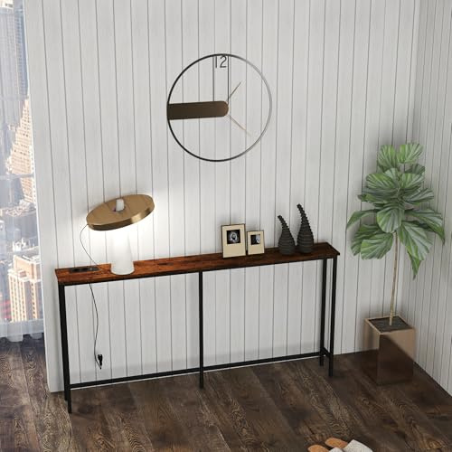 Xisilla Konsolentisch Schmal mit Metallrahmen & Melaminholz-Optik – 160 cm MDF-Platte mit Tigerholz-Dekor, 2 Steckdosen + 2 USB – Ideal als Sideboard hinter Sofa oder im Flur