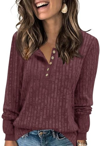 Fisoew Maglia a maniche lunghe da donna con scollo rotondo, con bottoni, a maniche lunghe, a coste, basic autunno