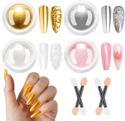 BISHENGYF Chrome Nail Powder – 4 Farben Metallic-Gold-Silber-Spiegeleffekt Crome Pulver NäGel, WeißE Perle Chrome Powder Nails Pink Irisierendes Meerjungfrau-Glitzerstaub-Set, Nagelkunst-Dekoration