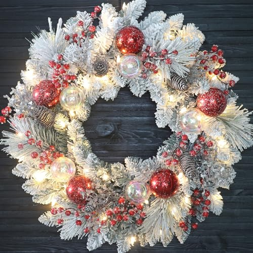 DFRREN Christmas Wreath for Front Door 24 Christmas Wreath with Pine Branches, Berries, and Snowflake, Pine Cones, Red Ornaments Christmas Decorations Home Indoor and Outdoor Holiday Decor
