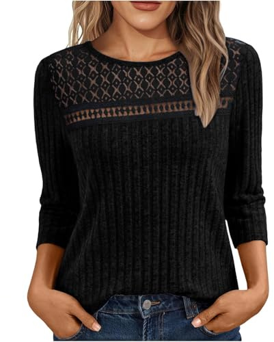 Women's Jumpers 3/4 Sleeve Crew Neck Sweatshirts Knit Jumper Lightweight Soft Casual Loose Fit Sweater Fleece Winter Warm Blouses Solid Color Tunic Shirt Fall Oversized Loose Tops Size S-XXL Black