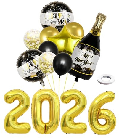 15 Stück Luftballons Silvester Deko 2026 Set,2026 Luftballon,Schwarz Gold Deko Silvester Ballons mit Klebeband,Happy New Year Girlande Sternen Luftballons,Folienballon Dekoration für Silvesterparty