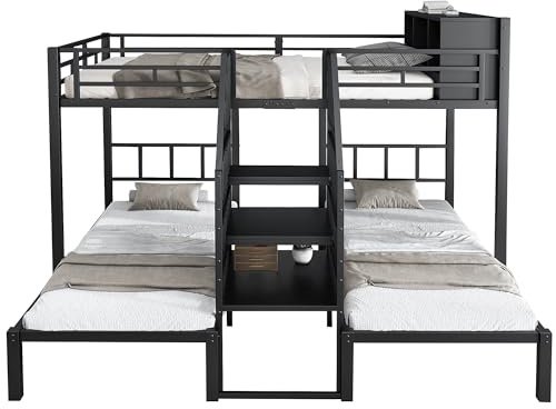 Letto a castello in metallo per bambini e famiglie con scale, robusto letto in ferro con tre posti letto, rete a doghe e spazio di archiviazione: ideale per cameretta dei bambini, camere degli ospiti