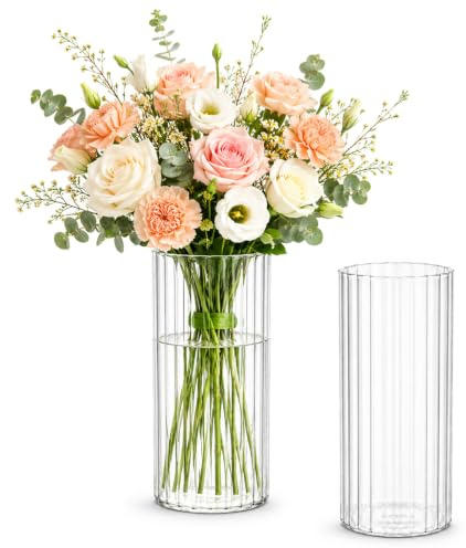 2 Juegos Jarron Cristal Transparente Decorativo,Jarrones Cilíndrico para Flores de Mesa Rayas Verticales(20cm×8.5cm) para Salas de Estar, Cocinas, Oficinas y Arreglos Florales para Mesas de Boda
