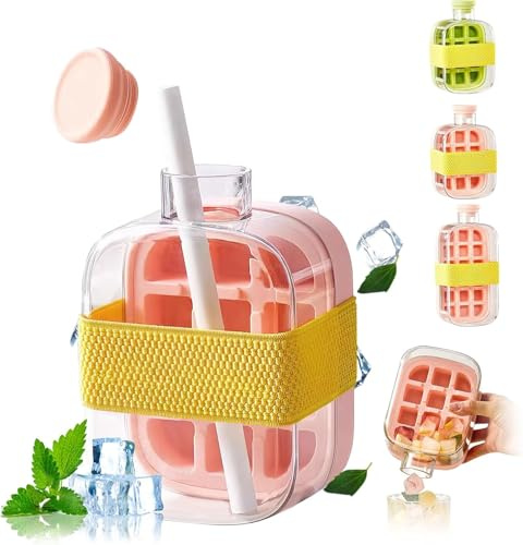 Ice Cube Bottle with Straw, 2 in 1 Water Bottle Ice Cube Tray with Lid and Bin, Touch-Free Ice Cube Tray for Freezer Portable and Waterproof Used as Water Cups (Pink, 500ml)