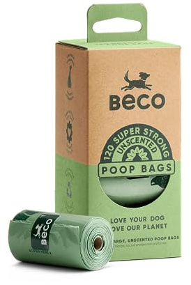 Beco Dog Poo Bags - Strong, Leakproof & Large - 94% Recycled Plastic, Extra Thick Dog Poop Bags, Heavy Duty - Unscented Refill Rolls, 120 Count