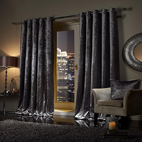 viceroy bedding Pair of Heavy Crushed Velvet Curtains EYELET RING TOP Fully Lined Curtains CHARCOAL Dark Grey Silver 66 Width x 90 Depth