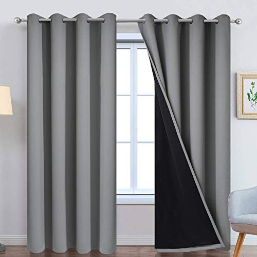 Yakamok 100% Blackout Curtains 96 Inches Long, Total Blackout Lined Curtain Panels for Bedroom, 2 Thick Layers Grommet Top Thermal Insulated Blackout Drapes for Living Room(52Wx96L, Grey, 2 Panels)