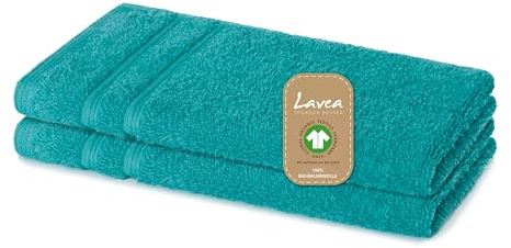 Lavea® 2er Set Gästetuch 30 x 50 cm, Bali Gästehandtücher klein aus Baumwolle, saugstarkes Handtuch für Bad und WC, Gästehandtuch-Set, 100% GOTS Bio-Baumwolle, Premium Frottier Handtücher, Ozeanblau